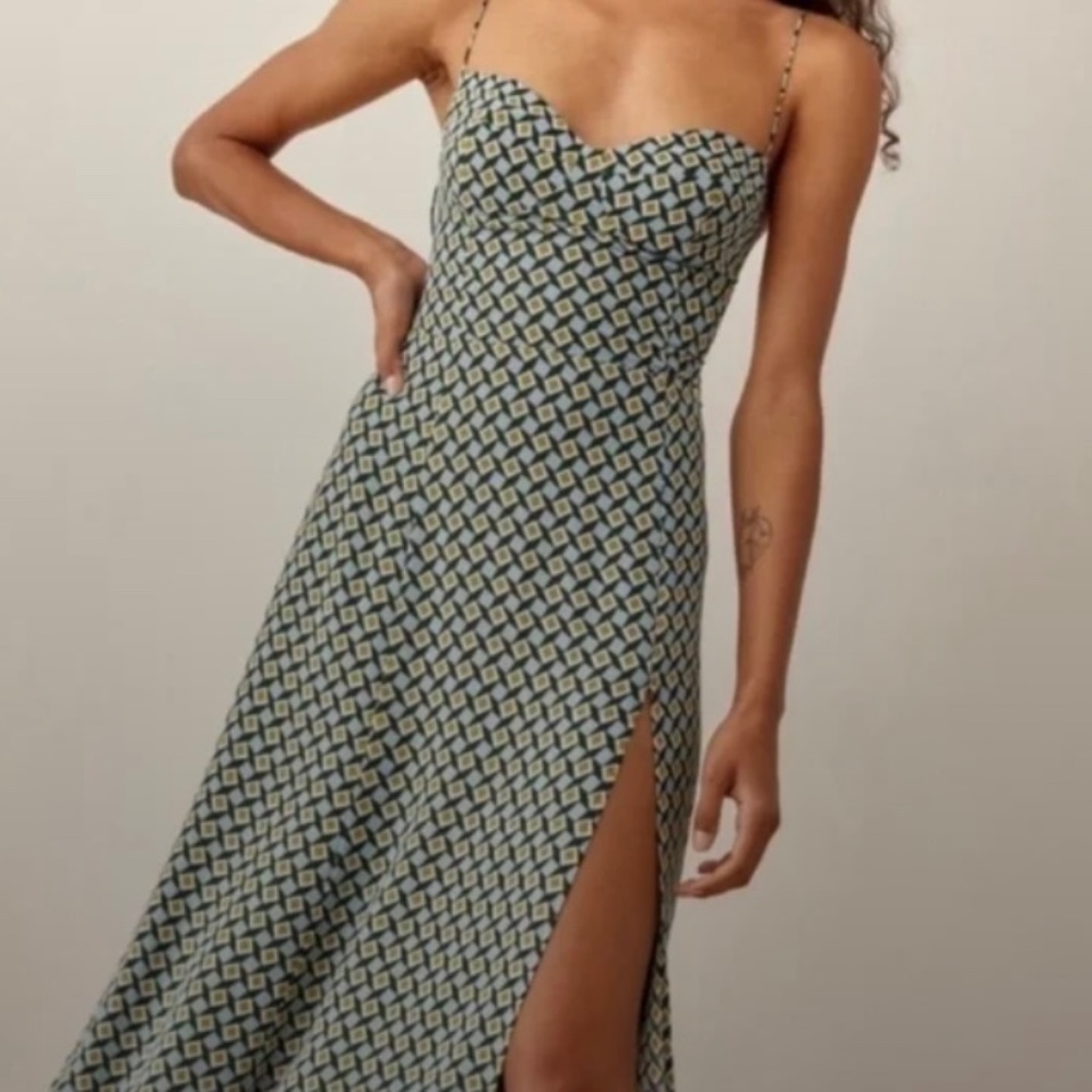Reformation Green and Cream Midi Dress